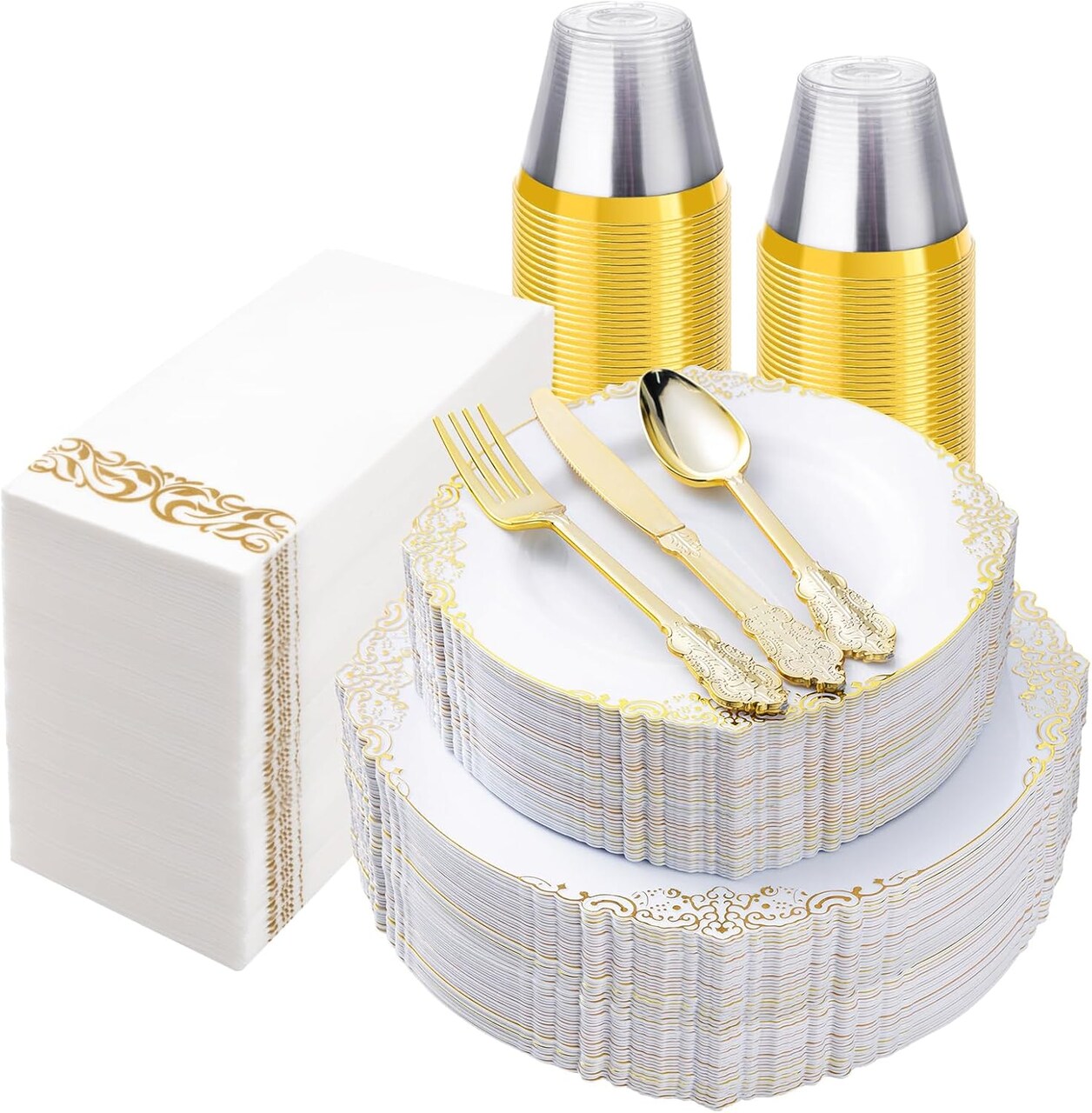 350PCS White & Gold Disposable Dinnerware Set – Plates, Cutlery, Cups & Napkins for 50 Guests